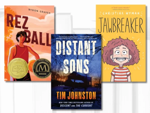 Image of the three 2025 All Iowa Reads book covers: Distant Sons, Rez Ball, and Jawbreaker.