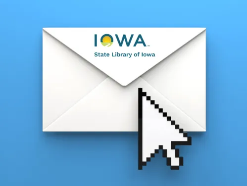 Mouse cursor hovering over an envelope with the State Library logo on the flap.