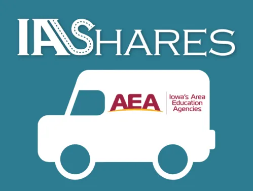 IA Shares logo above an icon of a delivery van with the Iowa AEAs logo on the side.