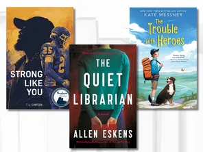 Book covers of the 2026 All Iowa Reads selections: The Quiet Librarian, Strong Like You, and The Trouble with Heroes