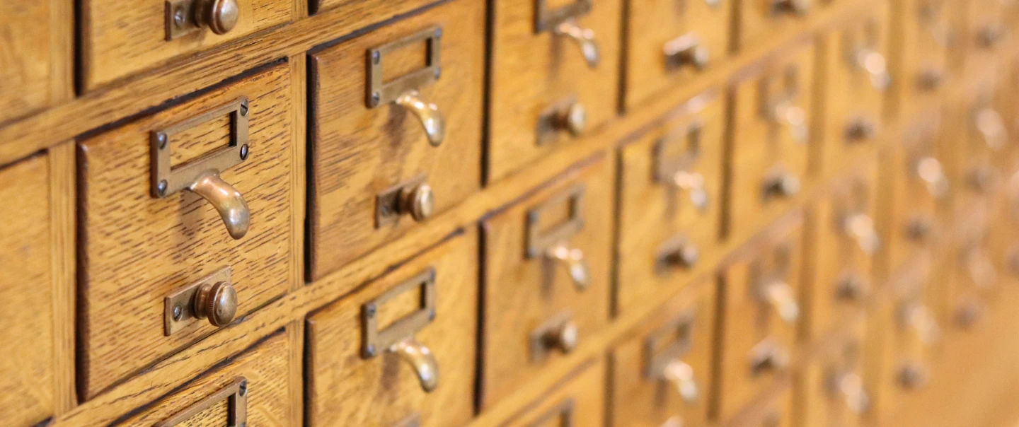 Closeup of card catalog drawers in the Ola Babcock Miller Building.