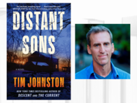 Book cover of Distant Sons next to headshot of author Tim Johnston.