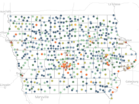 Screen grab of Find My Local Library tool showing map of Iowa with colored dots representing public libraries across the state.