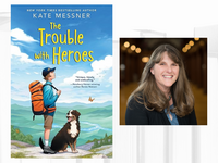 Book cover of The Trouble with Heroes next to headshot of author Kate Messer.