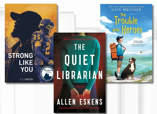 Book covers of the 2026 All Iowa Reads selections: The Quiet Librarian, Strong Like You, and The Trouble with Heroes