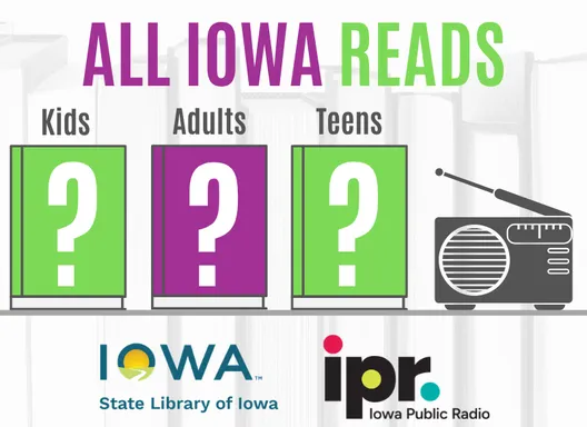 Three book covers with question marks on the front next to a radio icon. State Library and Iowa Public Radio Logos below.