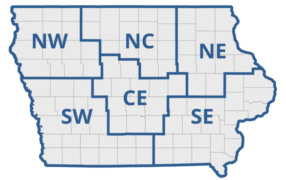 Iowa map with the six State Library districts outlined.