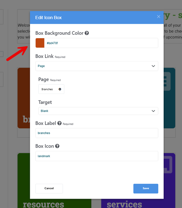Editing the background color of an Icon Box content block.