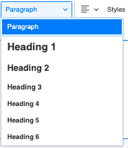 Heading styles and rank on the text editor of a PLOW website.