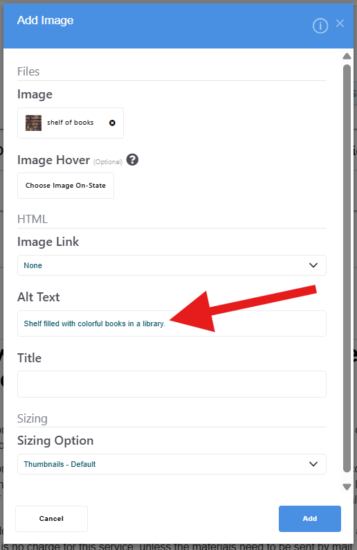 Adding alt text to an image content block on a PLOW website.