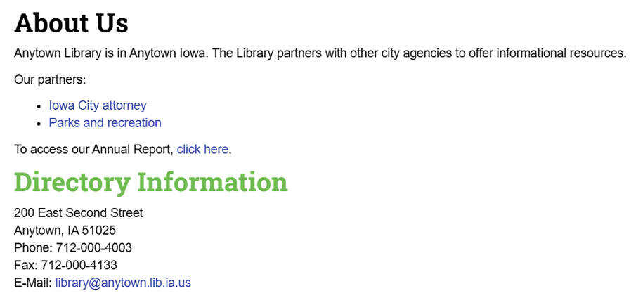 About Us page of a PLOW website showing three example of hyperlinks.