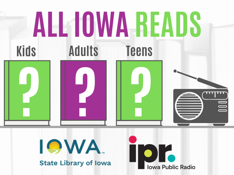 Three book covers with question marks on the front next to a radio icon. State Library and Iowa Public Radio Logos below.